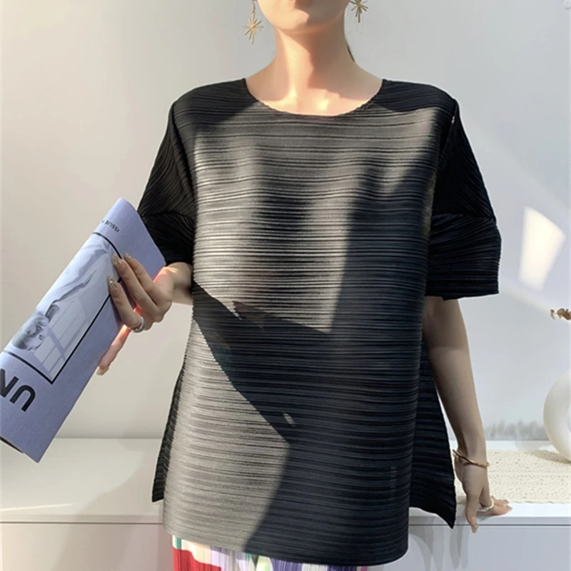 Однотонная плиссированная футболка Miyake, женский летний повседневный плиссированный топ с рукавами 2023, Свободные футболки большого размера с чувством дизайна, высококачественные футболки 3