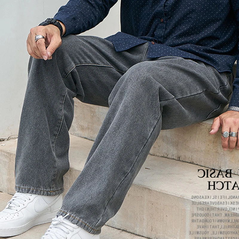 Плотные Свободные прямые джинсы Осень-зима, джинсы большого размера, мужские плюс бархатные Широкие теплые брюки, драповые брюки 0