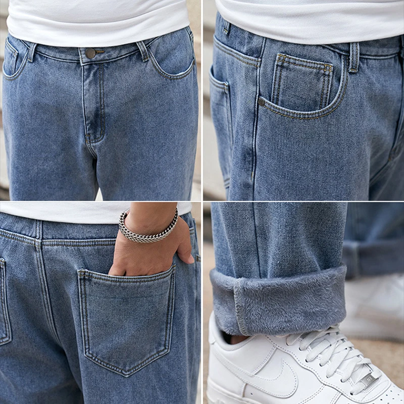 Плотные Свободные прямые джинсы Осень-зима, джинсы большого размера, мужские плюс бархатные Широкие теплые брюки, драповые брюки 4