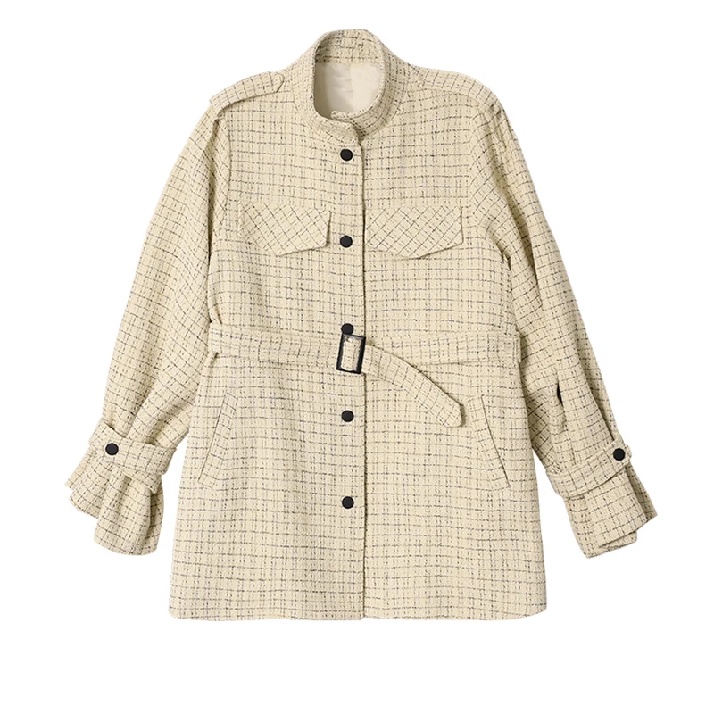 Твидовый пиджак в клетку, осенне-зимняя женская куртка со стоячим воротником и поясом, шерстяное пальто для деловых дам, тонкая цельнокроеная куртка, пальто 5