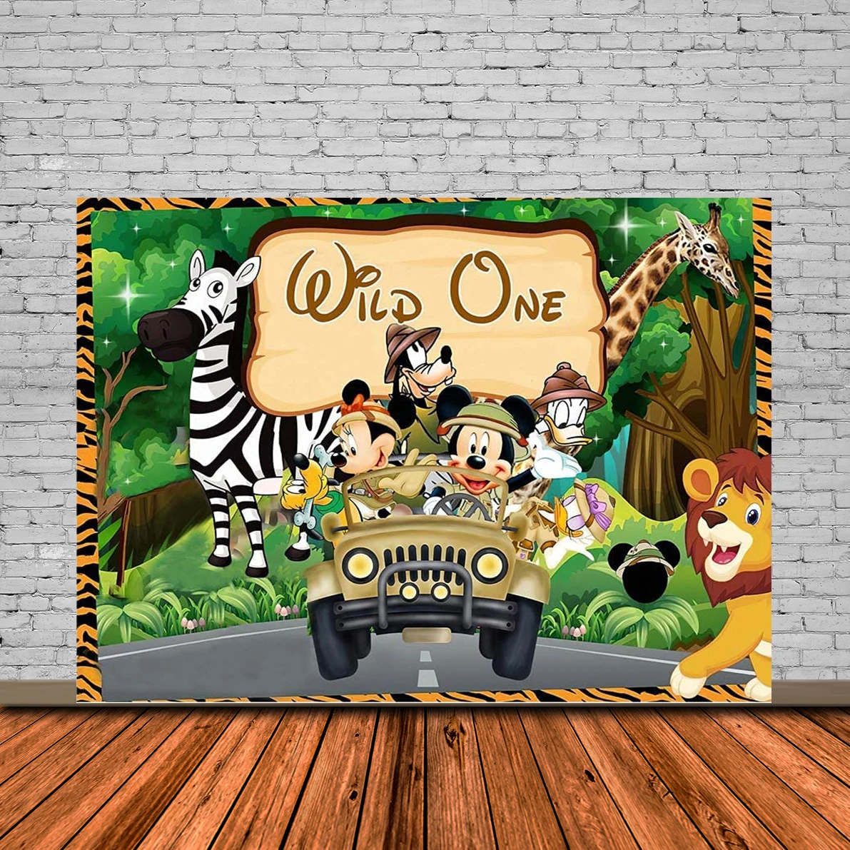 Тематический фон для вечеринки в стиле сафари в джунглях с Микки Маусом, фон для дикого грузовика, фон для детского душа, виниловый фон для джунглей и леса 0