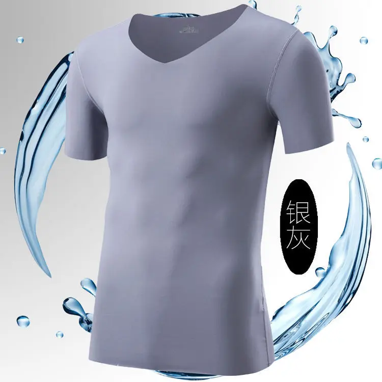 Футболка Ice Silk, Мужская повседневная рубашка, бесшовная рубашка с коротким рукавом, Тонкая невидимая рубашка, мужские базовые топы, Летняя футболка с V-образным вырезом, дышащая 2