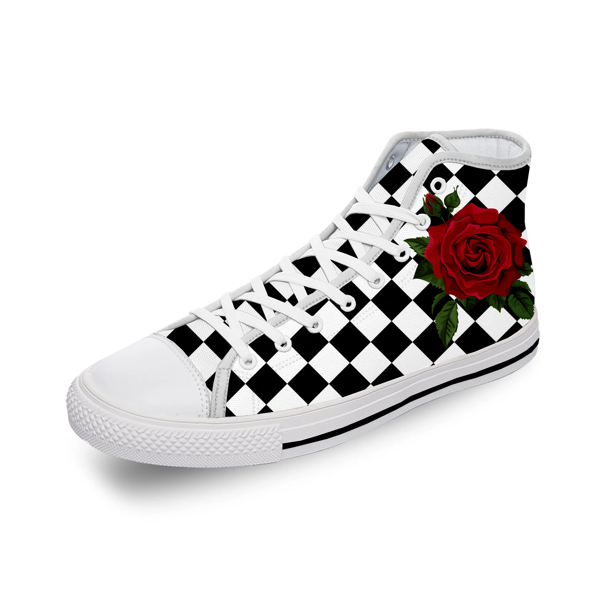 Черно-белые квадраты, Цветок розы, Белая ткань, модная парусиновая обувь с 3D-принтом, мужские и женские легкие дышащие кроссовки 1